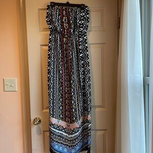 Joy Joy Bohemian Strapless Maxi Dress with Side Slits, Size Small